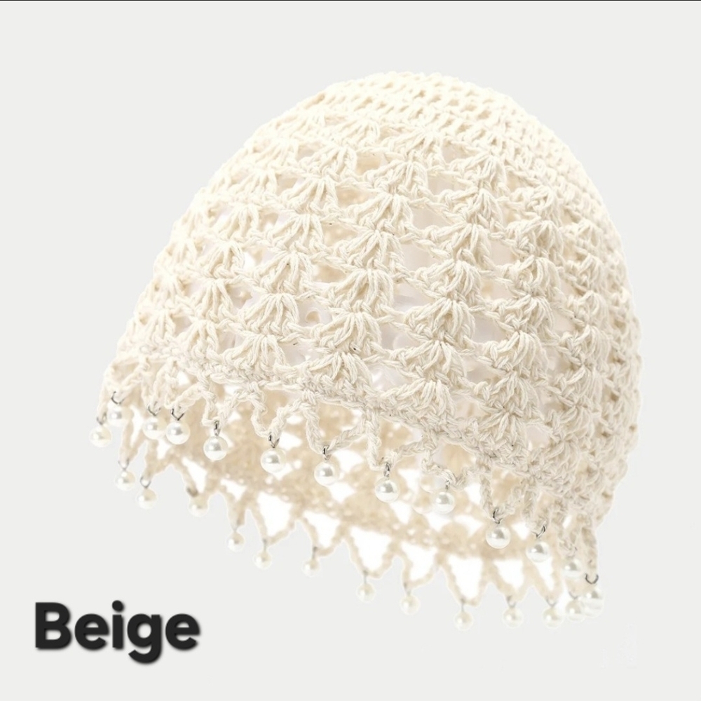 Crochet Beanie Faux Pearl Tassels - Cream - Picture 5 of 11